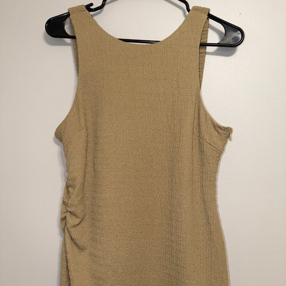 All:Row Tan Asymmetrical Dress Size M Sleeveless Ruched Midi Minimal - Picture 4 of 7